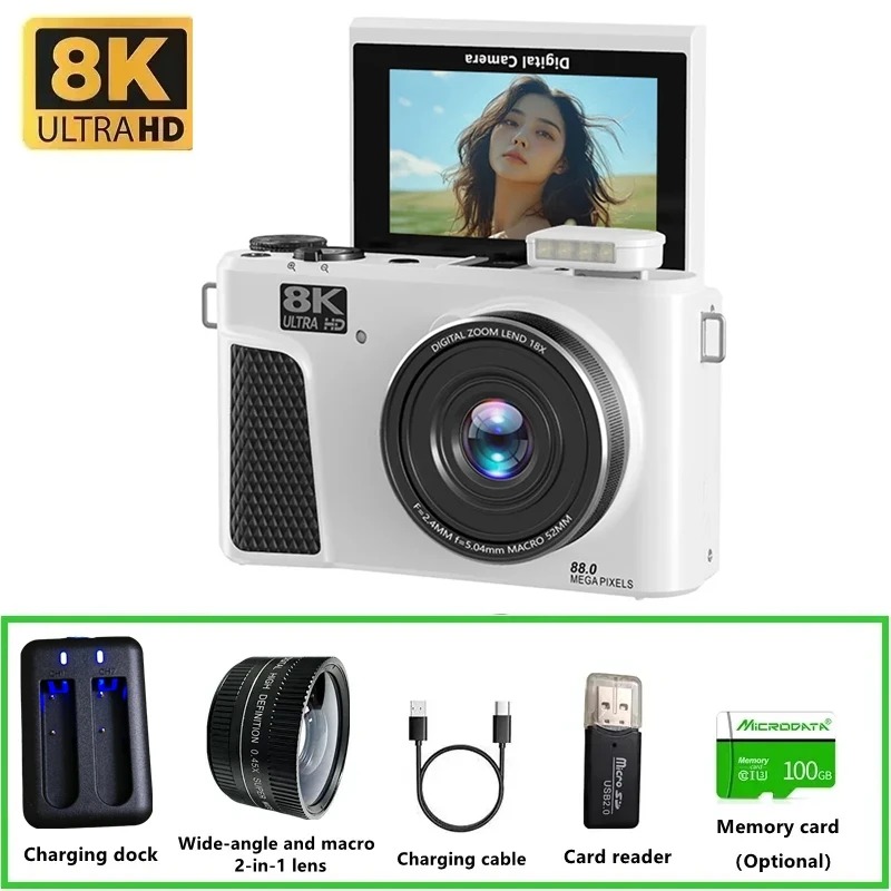 Digital Photo Frame Wifi - WD300 8Kデジタルカメラ 88MPビデオログカメラ、YouTubeに最適 WiFi UHDオートフォーカス 3インチ180度