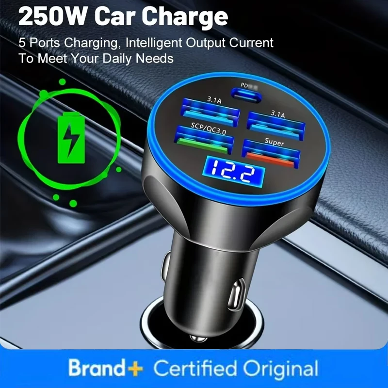 Election Electronics & Gadgets Store Woocommerce Theme - 250W超急速充電カーチャージャー 5-in-1アダプター充電ヘッドコンバーター 4USB+PD 携帯電話用 ワンツー スリー