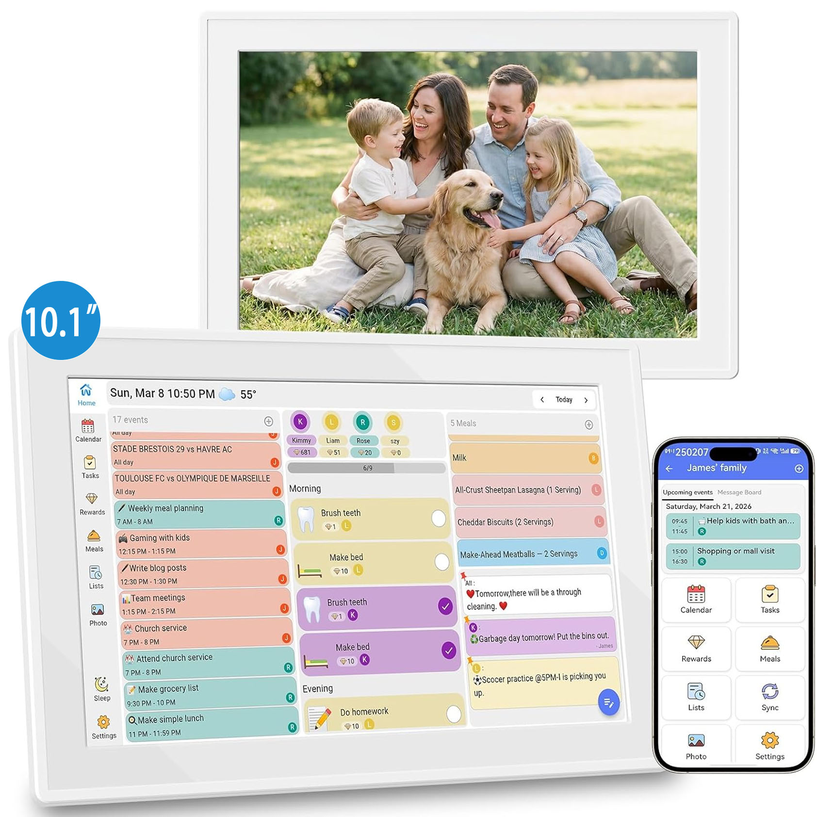 Digital Photo Frame Wifi - 10.1インチWiFiデジタルファミリーカレンダー、スマートタッチスクリーン家事表、壁掛け/卓上両用プランナー、スケジュールデジタルカレンダー